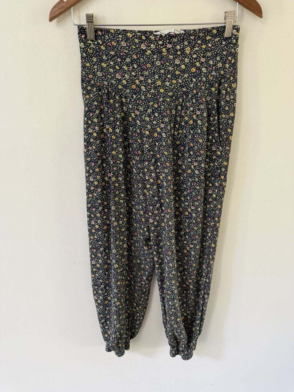 Self Contrast Flower Floral Womens Pants Size M Elastic Waist Jogger Cotton Boho